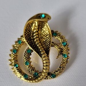 Goldtone With Green Rhinestones Snake Brooch